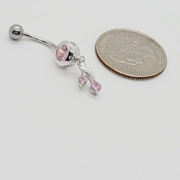 NWOT Sterling Silver Belly Button Ring with Pink Cubic Zirconia - Picture 4 of 4